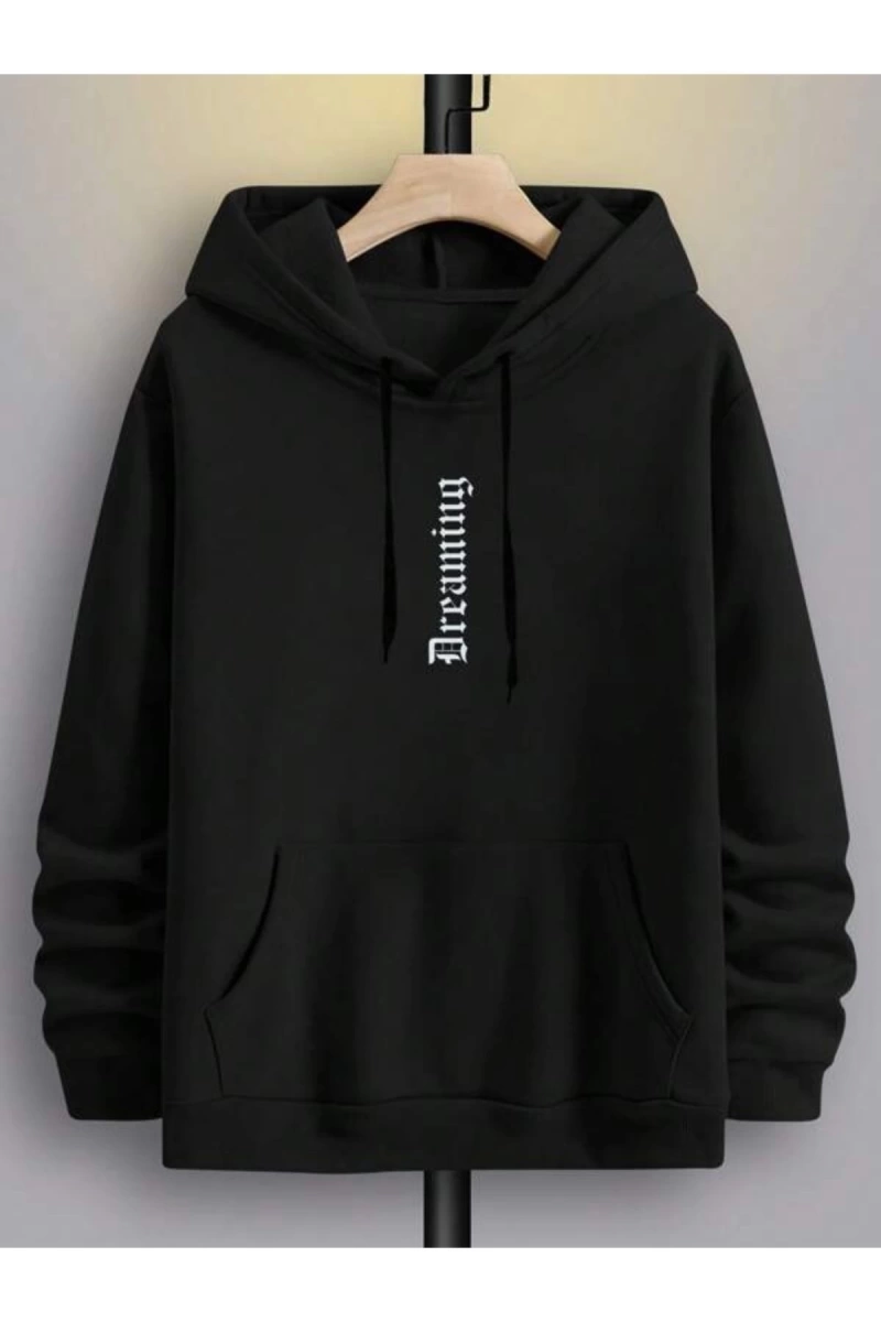 Siyah Dreaming Baskılı Oversize Kapuşonlu Erkek Sweatshirt bsgdreamingsweat