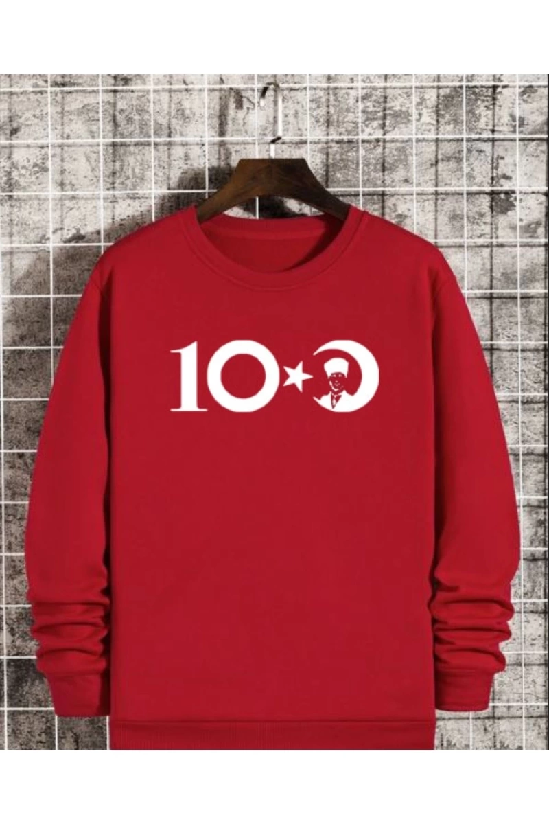 Cumhuriyetin 100. Yılına Özel Baskılı Kırmızı Bisiklet Yaka Unisex Sweatshirt c