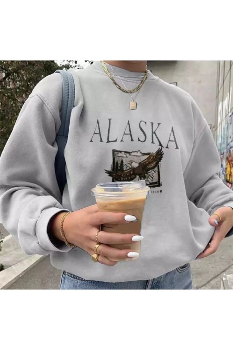Bisiklet Yaka Alaska Dijital Baskılı Süper Oversize Yeni Stil Kadın Sweatshırt LDYA