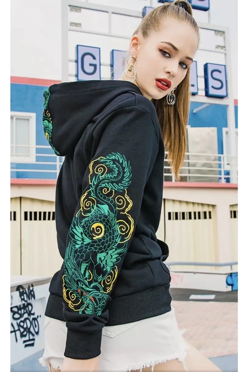 Özel Tasarım Kapüşonlu Japon Zümrüt Ejderha Baskılı Oversize Kadın Hoodie-sweatshır