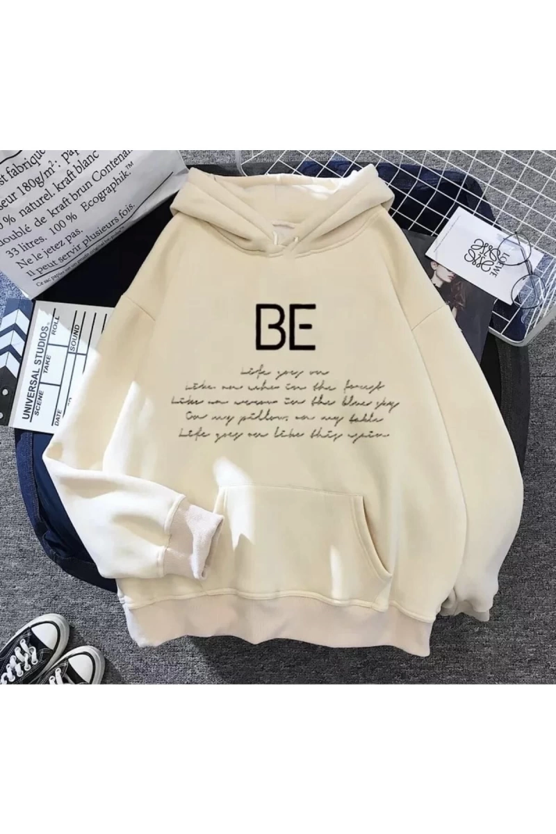 Büyük Beden Kapüşonlu Be Baskılı Tam Kışlık Oversize Yeni Stil Kadın Sweatshırt LDY