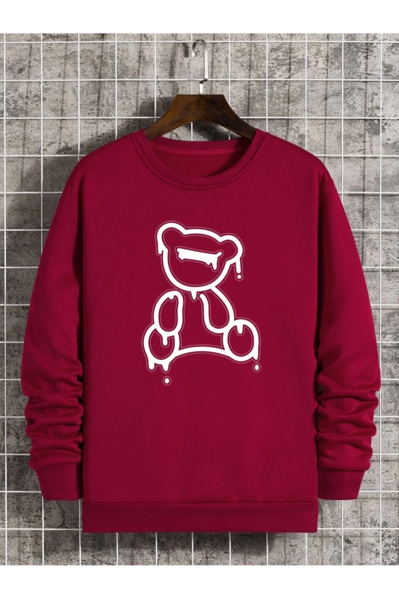 Kırmızı Ayıcık Baskılı Oversize Bisiklet Yaka Kadın Sweatshirt. bsggozsuzayiswe
