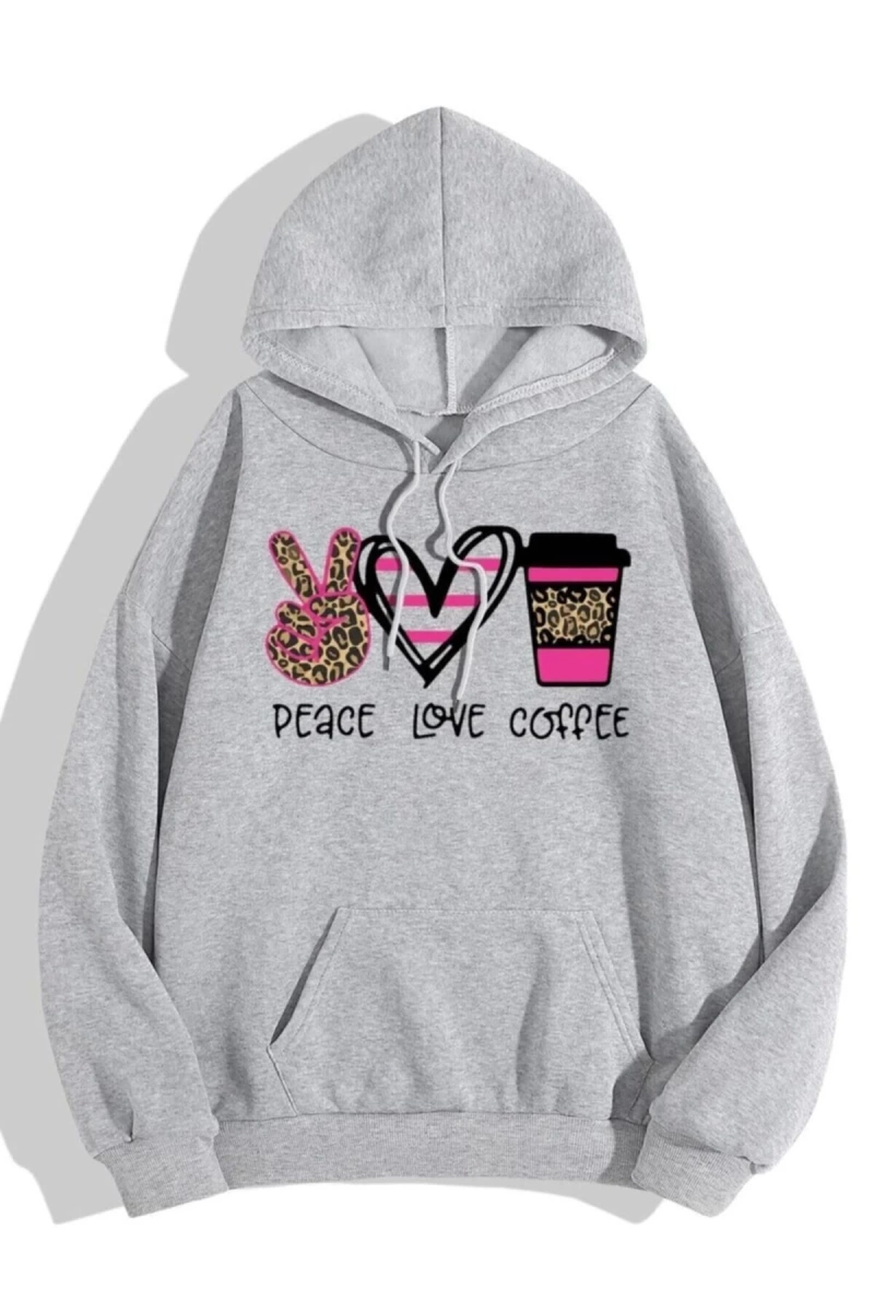 Kadın Gri Peace Love Coffee Baskılı Oversize Kapüşonlu Sweatshirt