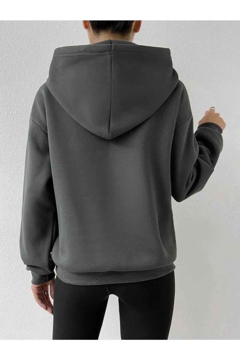 Kadın Antrasit Over Thinking Baskılı Oversize Kapüşonlu Sweatshirt TYCXDBL40N16