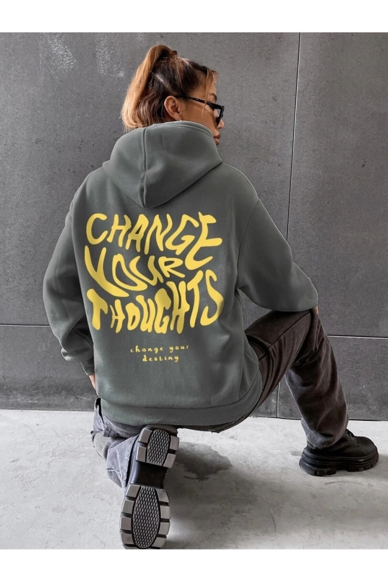 Kadın Antrasit Chance Your Thoght Baskılı Oversize Kapüşonlu Sweatshirt