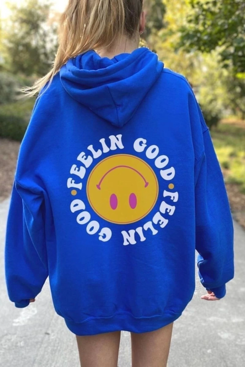 Kadın Mavi Feelın Good Baskılı Oversize Kapüşonlu Sweatshirt benisengiydirfeelı