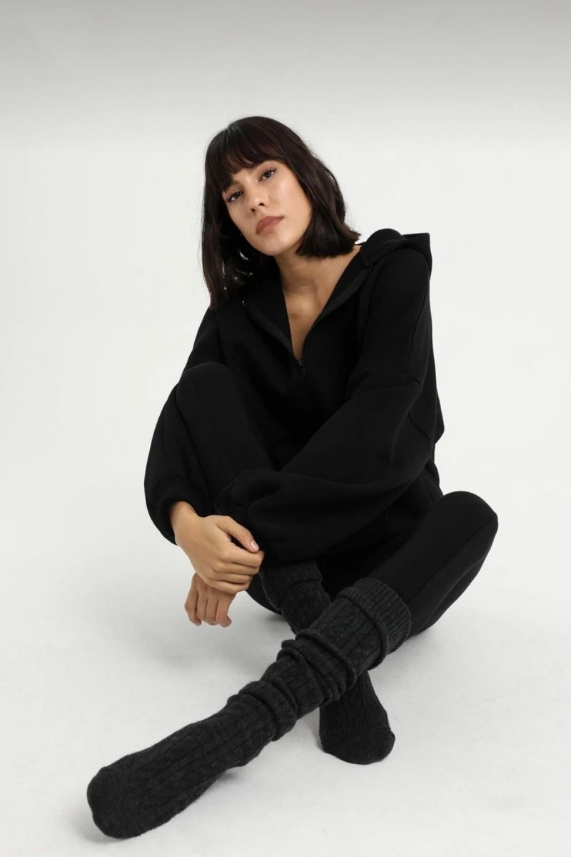 Kadın Siyah Üç Iplik Oversize Sweatshırt Fermuarlı SW0001-TS