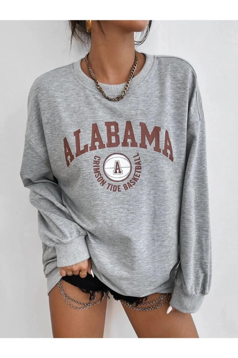 Kadın Gri Bisiklet Yaka Alabama Baskılı Oversize Sweatshirt Griala