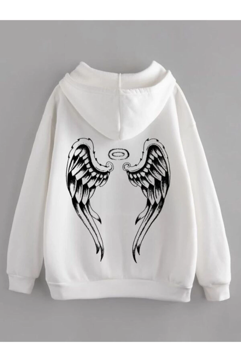 Melek Kanadı Baskılı Beyaz Oversize Kapüşonlu Sweatshirt benisengiydirmeleekswe