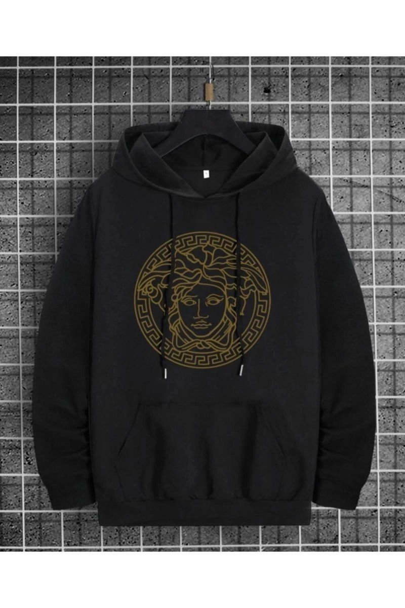 Erkek Siyah Gold Medusa Baskılı Oversize Kapüşonlu Sweatshirt Benisengiydirmedu