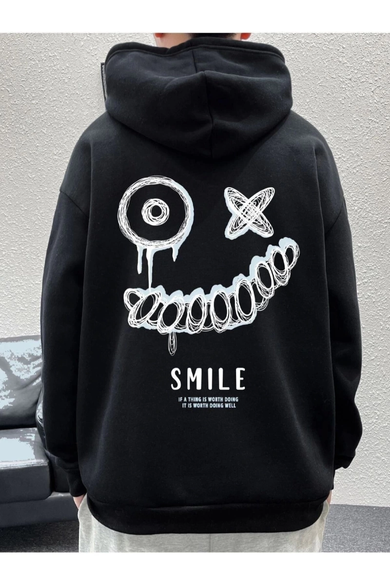 Erkek Siyah Smile Baskılı Oversize Swetshirt benisengiydirsmilesweat
