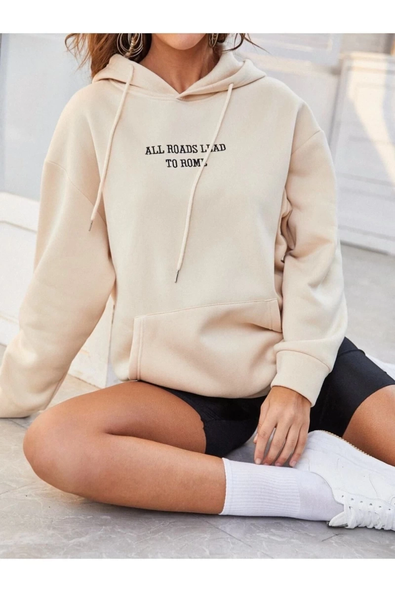 Kadın Ekru All Roads Baskılı Oversize Kapüşonlu Sweatshirt Allroas