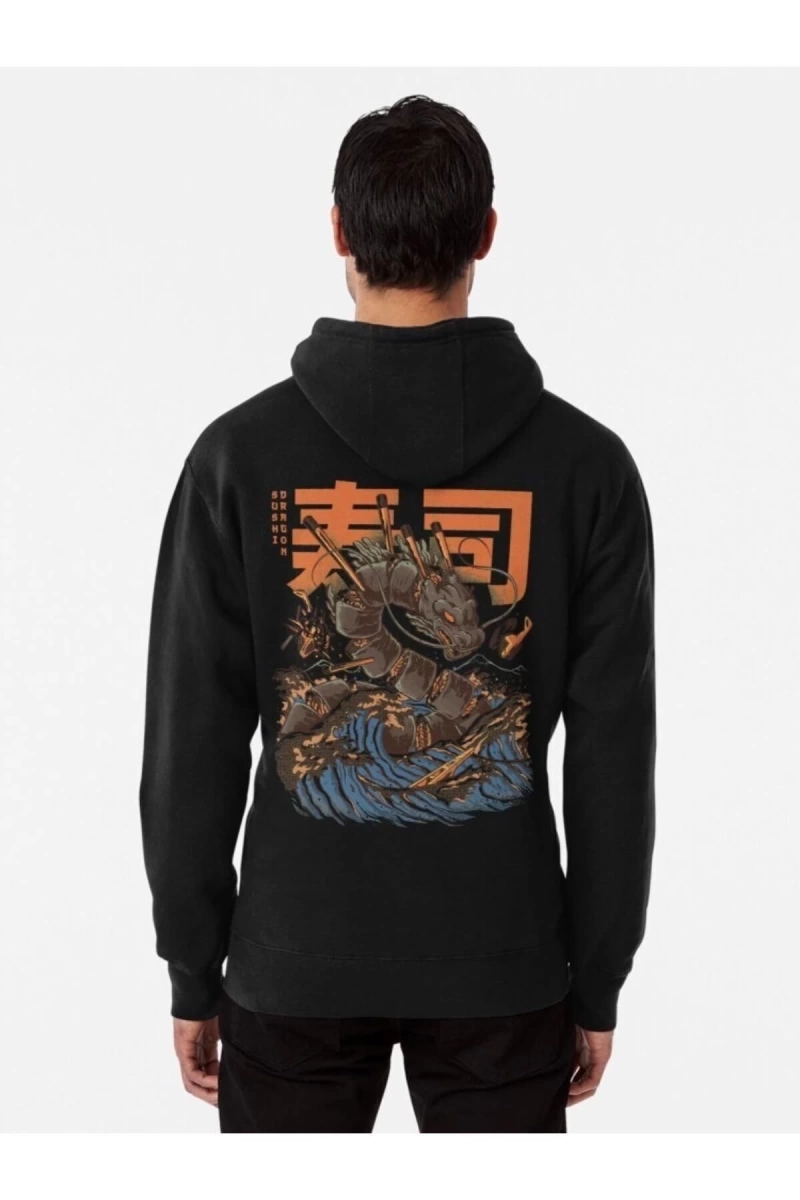 Unisex Siyah Sırt Sushi Dragon Baskılı Kapüşonlu Sweatshirt benisengiydirsushid