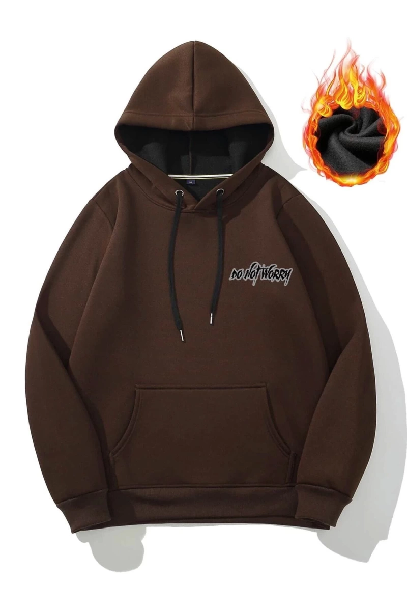Unisex Kahverengi Do Not Worry Baskılı iplik Oversize Kapüşonlu Sweatshirt TYCD