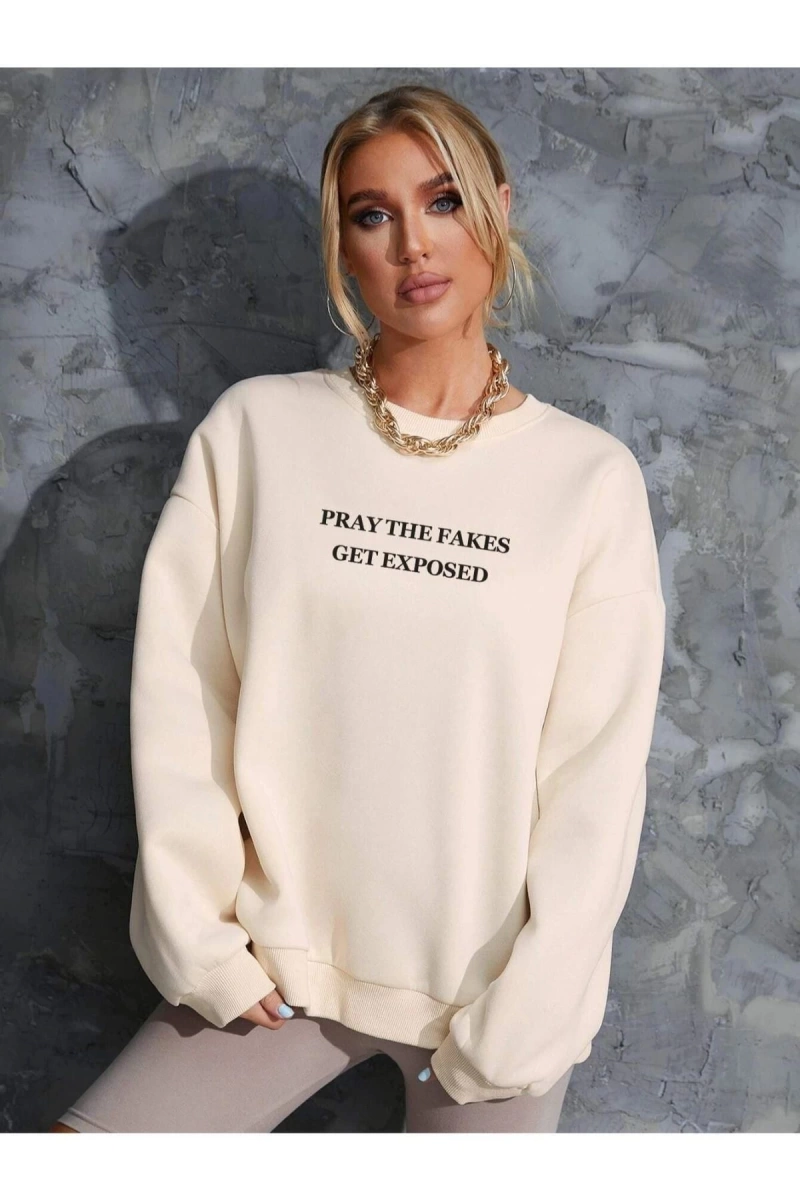 Kadın Bej Pray The Kakes Baskılı Oversize Bisiklet Yaka Sweatshirt