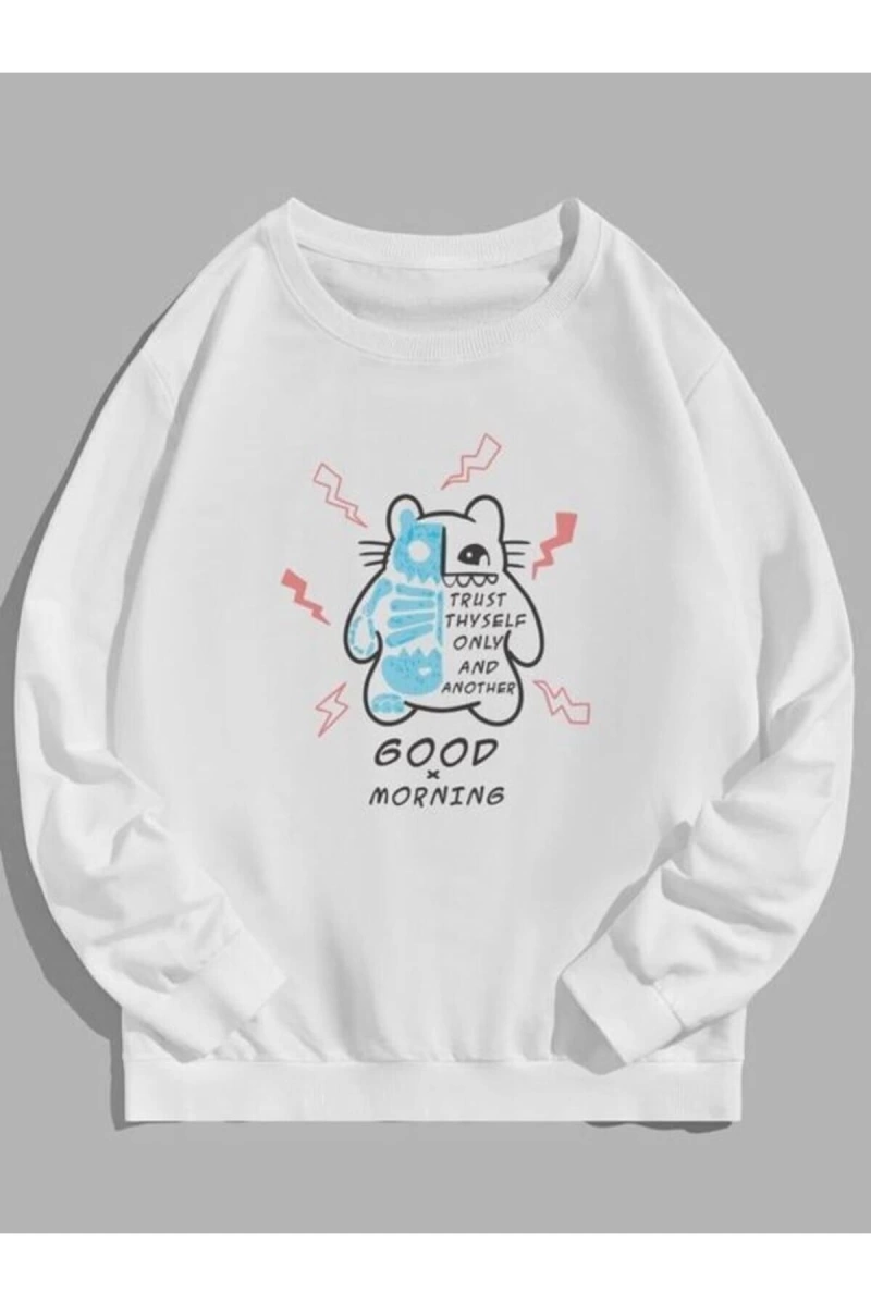 Good Morning Baskılı Beyaz Oversize Bisiklet Yaka Sweatshirt benisengiydirgodmo
