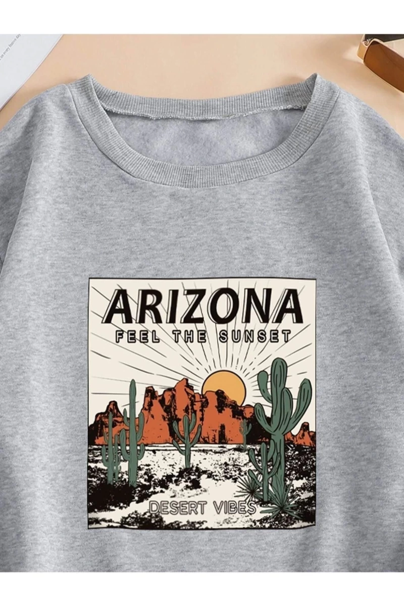 Unisex Gri Arizona Baskılı Bisiklet Yaka Sweatshirt Arizona