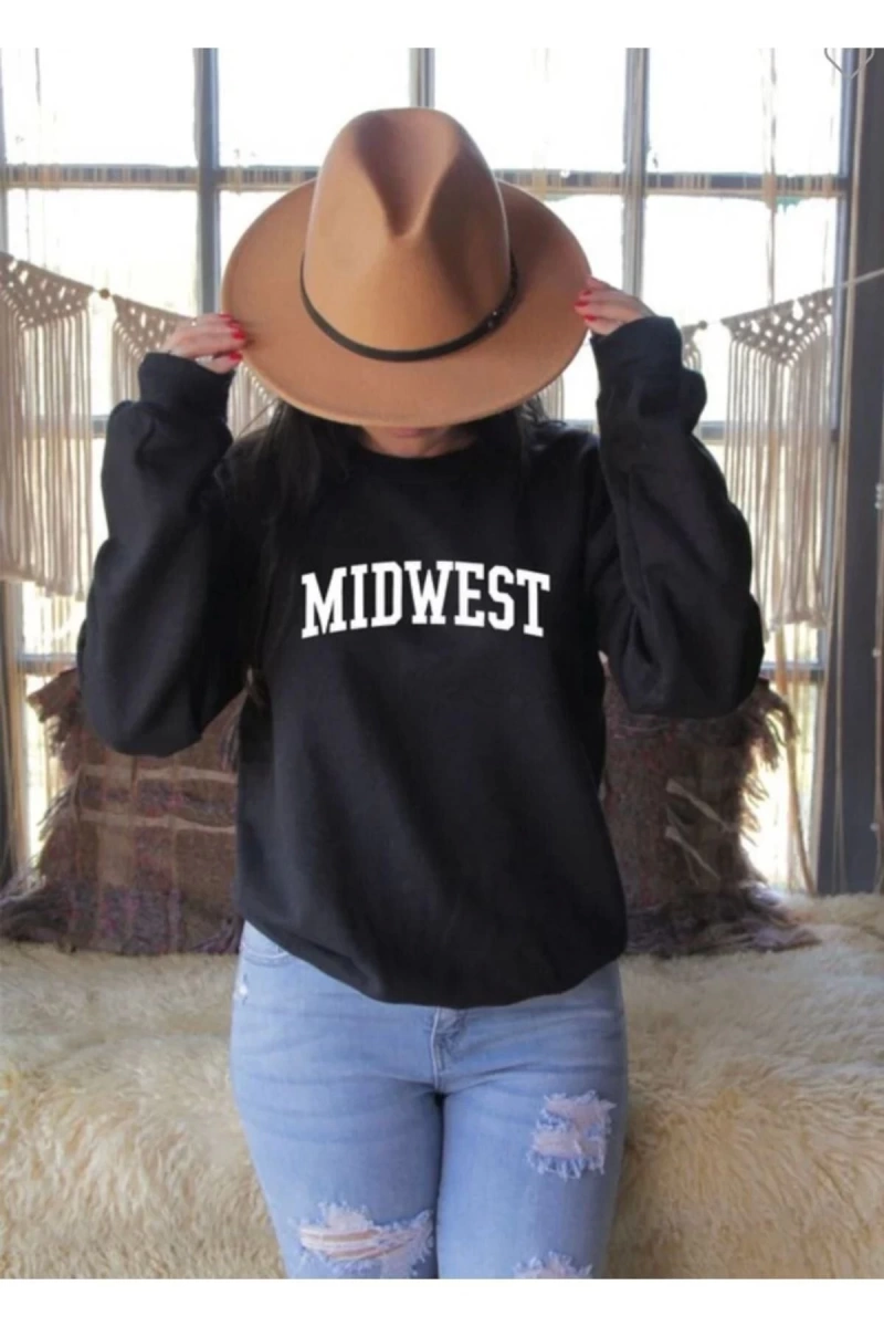 Kadın Siyah Mıdwest Baskılı Oversize Sweatshirt Benisengiydirmıdwestsweat