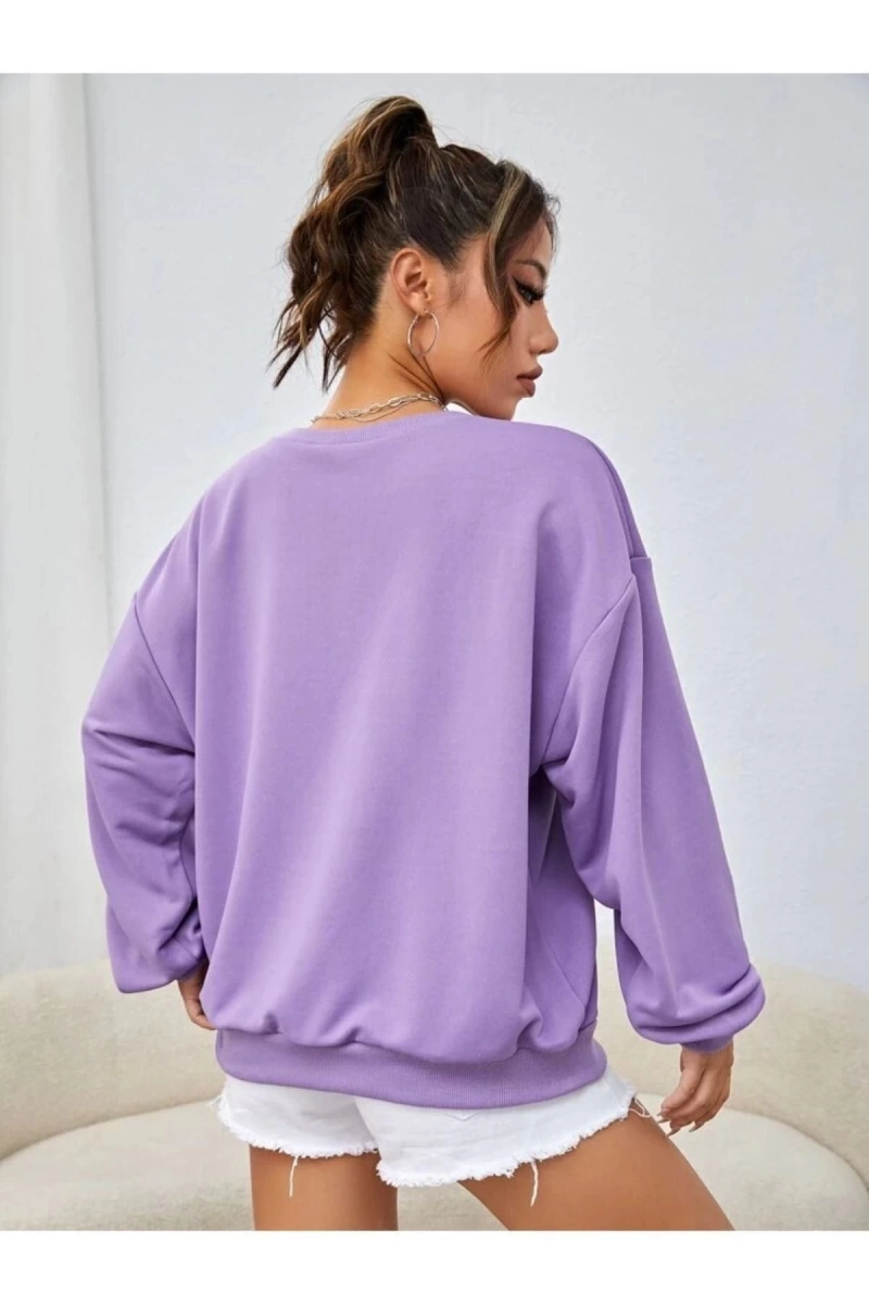 Kadın Mor Satürn Baskılı Oversize Bisiklet Yaka Sweatshirt TYC00548174550