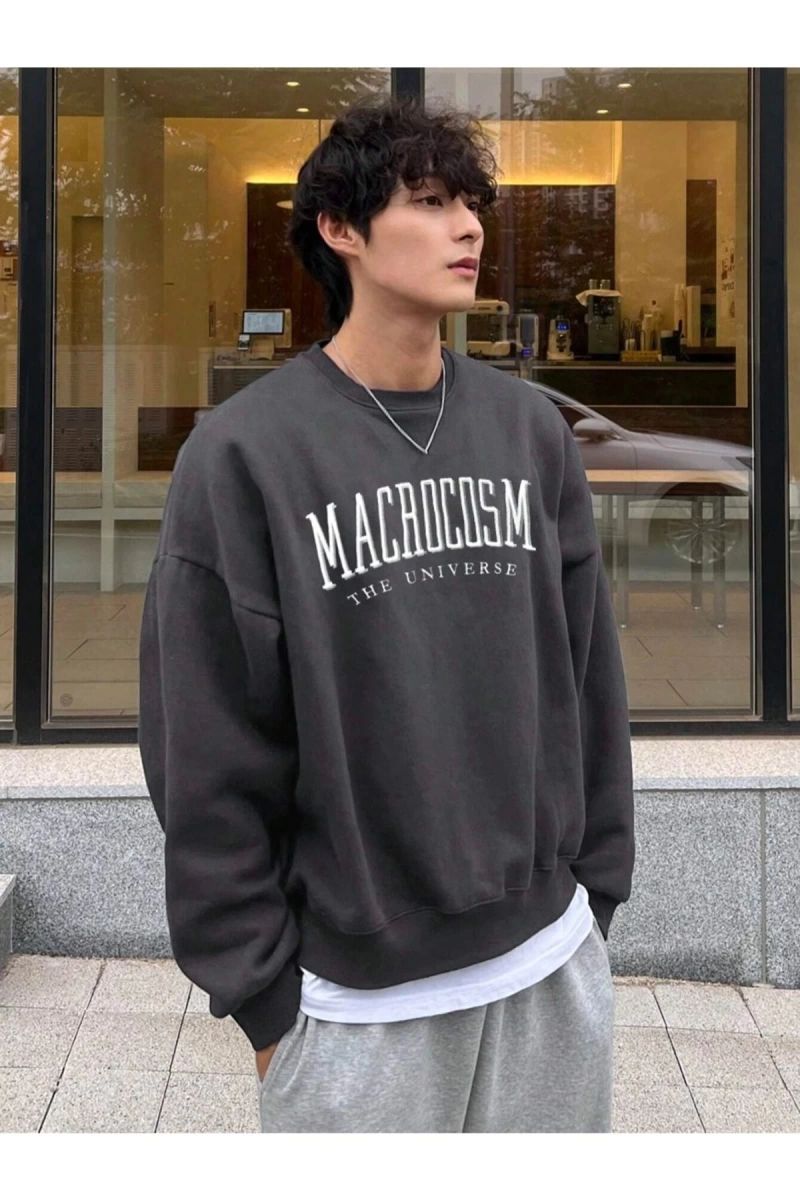 Antrasit Macarocosm Baskılı Oversize Bisiklet Yakalı Unisex Sweat bsgmacarocosm