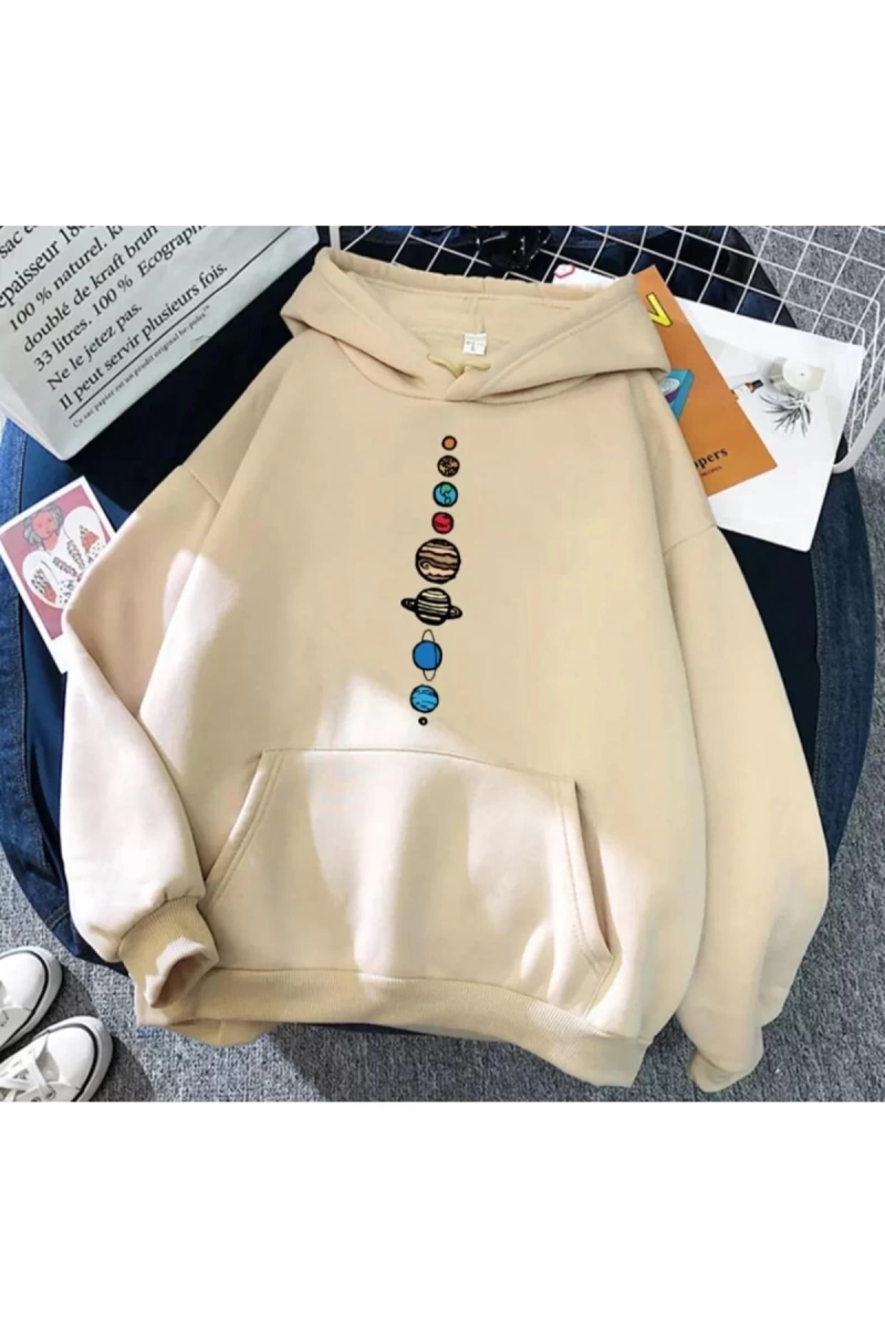 Unisex Bej Dokuz Gezegen Baskılı Kapüşonlu Oversize Sweatshirt benisengiydir9ge