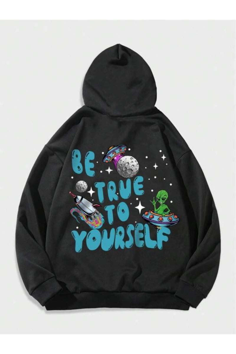 Siyah True To Baskılı Oversize Kapuşonlu Sweatshirt bsgbetruetosweat