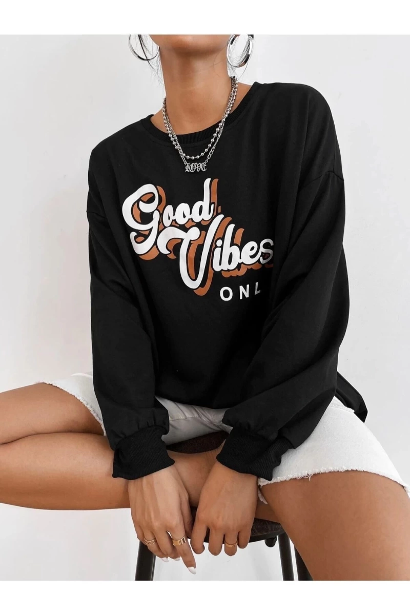 Kadın Siyah Good Vibes Baskılı Oversize Sweatshirt benisengiydirgoodvibesbaskıs