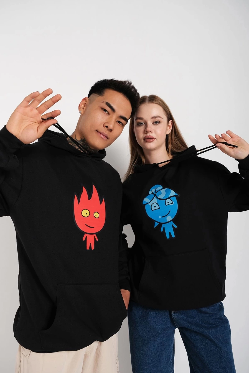 Siyah Unisex Ikili Ateş Ve Su Baskılı Oversize Kapşonlu Sweatshirt Hoodie Tw-tomjerrybas
