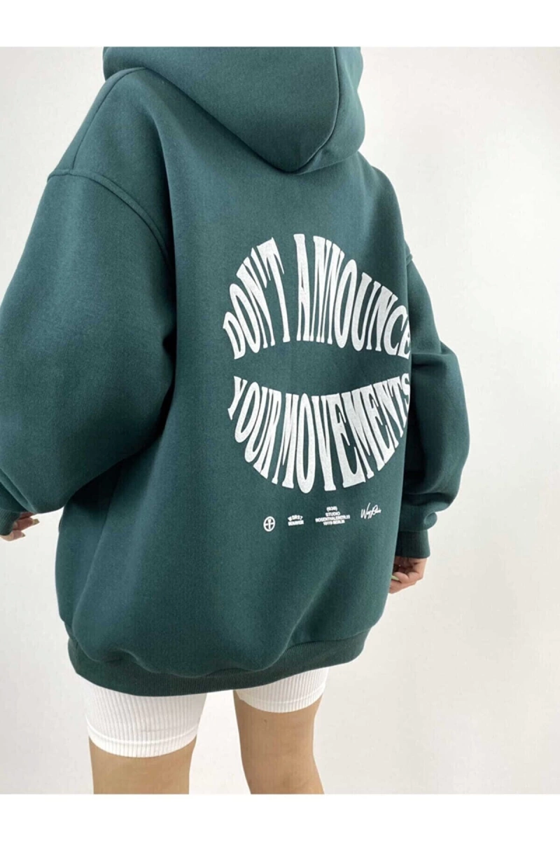 Kadın Yeşil Dont Annouce Baskılı Oversize Kapüşonlu Sweatshirt Benisengiydirdon