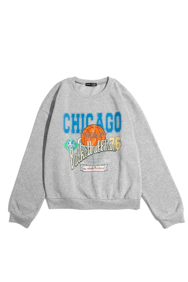 Kadın Gri Chicago Basketball Baskılı Oversize Bisiklet Yaka Sweatshirt