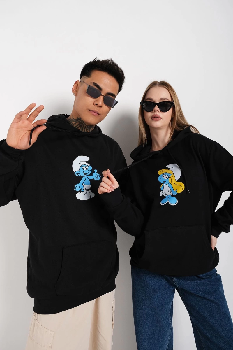 Siyah Unisex Ikili Şirinler Baskılı Oversize Kapşonlu Sweatshirt Hoodie Tw-tomjerrybaskı