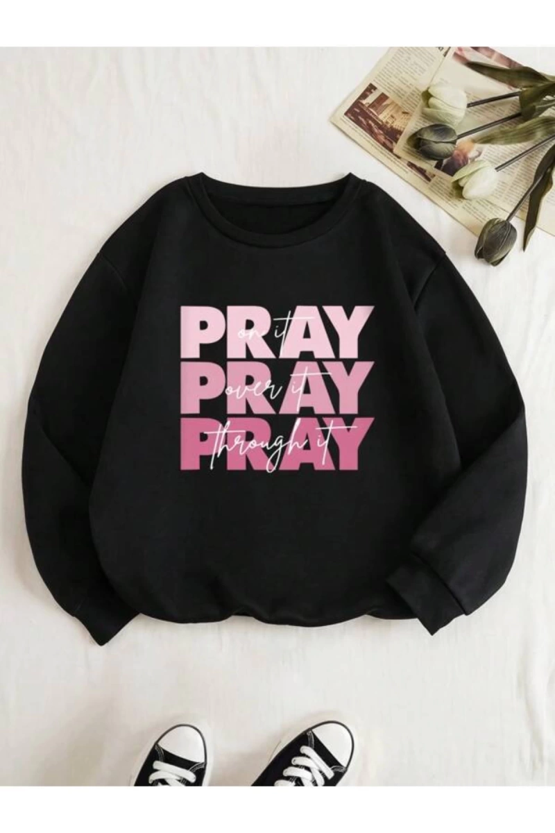 Siyah Pray Baskılı Oversize Bisiklet Yaka Sweatshirt bsgpraysweat