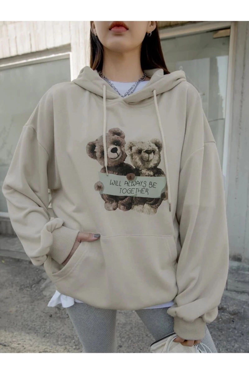 Kadın Ekru Ayıcık Çifti Baskılı Oversize Kapüşonlu Sweatshirt benisengiydiçifta