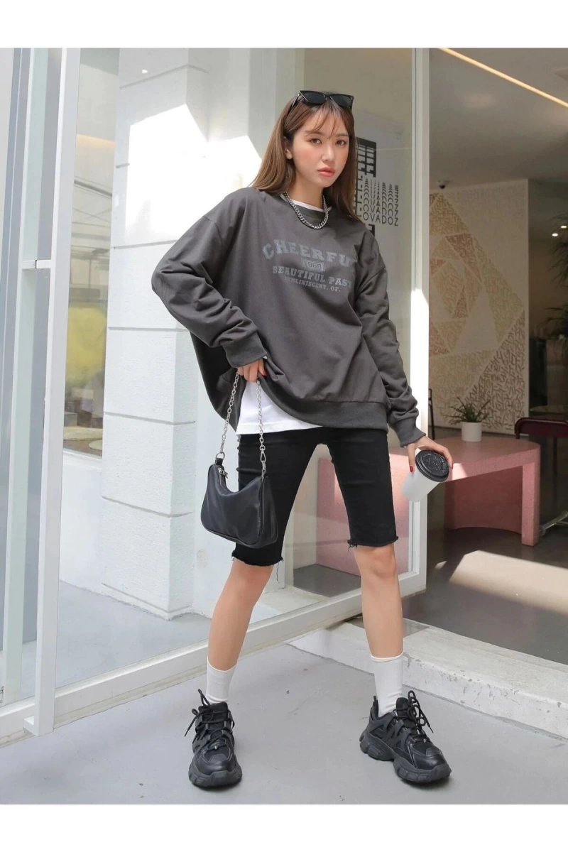 Kadın Antrasit Cheerful 1998 Baskılı Oversize Sweatshirt Cheerfuls