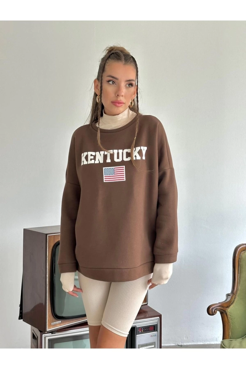 Kahverengi Kentucky Baskılı Oversize Bisiklet Yaka Kadın Sweatshirt bsgkentucky