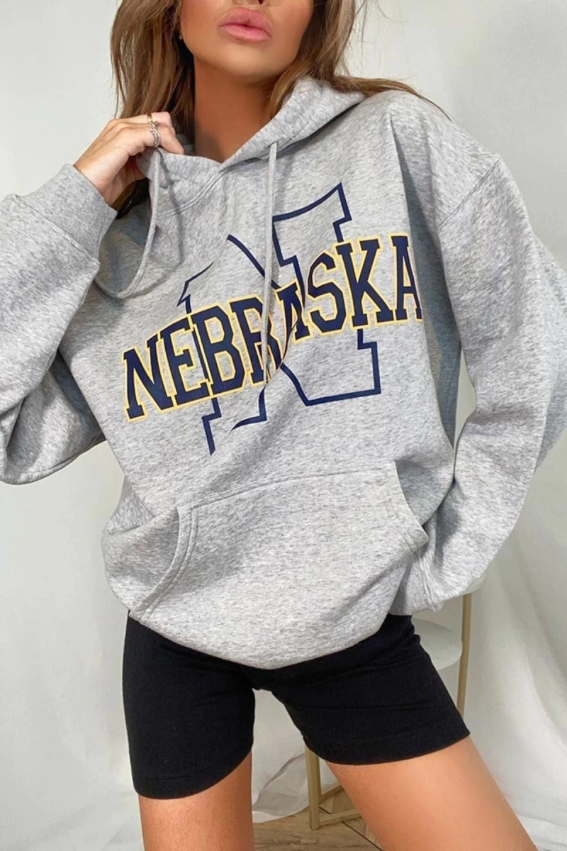 Kadın Gri Nebraska Baskılı Oversie Bisiklet Yaka Sweatshirt Benisengiydirnebras