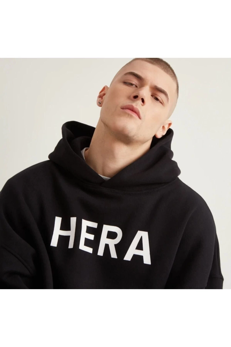 Erkek Siyah Hera Baskılı 3 Ip Oversize Kapüşonlu Sweatshirt Calıfornıa1