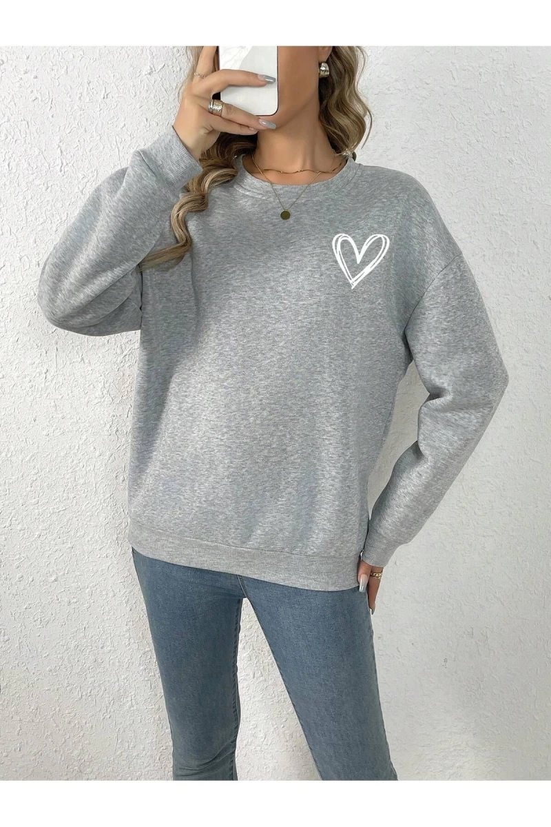 Unisex Kadın/Erkek Kalp Desenli Damla Omuz Sweatshirt