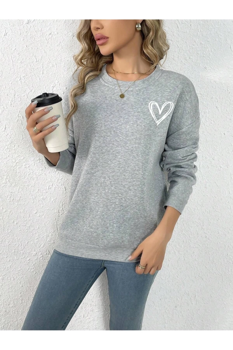 Unisex Kadın/Erkek Kalp Desenli Damla Omuz Sweatshirt
