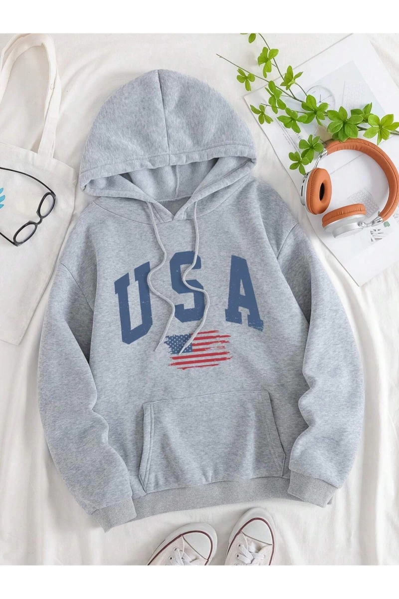 Unisex Kadın/Erkek Amerikan Bayrağı ve Harf Grafik Kanguru Cep İpli Kapüşonlu Üst