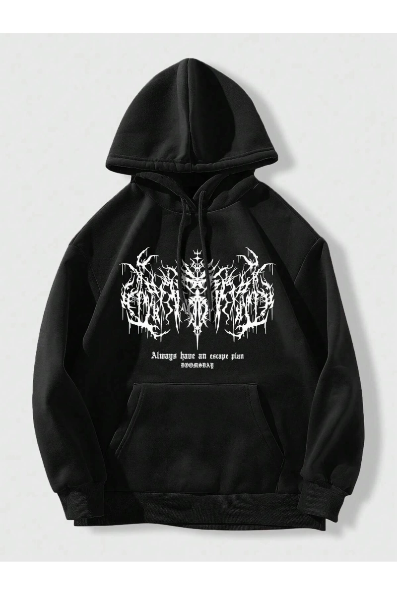 Unisex Kadın/Erkek Grunge Punk Sloganlı Grafik Kanguru Cep İpli Kapşonlu