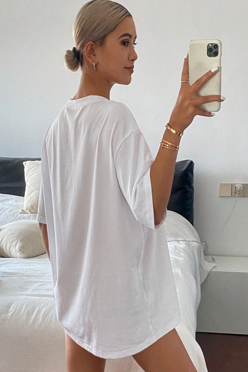 Adrift DAZY Kadın Düz Renk Yuvarlak Yaka Bol Kesim Uzun Kısa Kollu Tişört Yaz