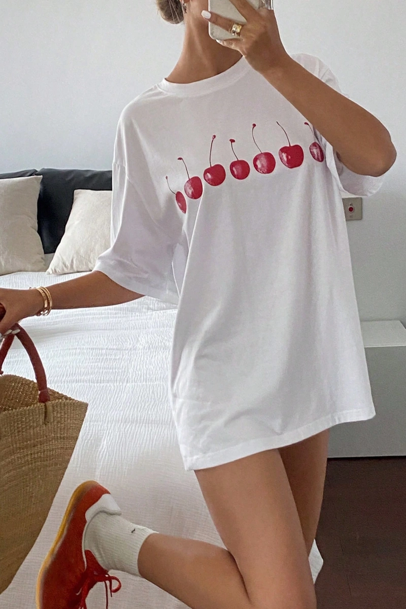 Adrift DAZY Kadın Düz Renk Yuvarlak Yaka Bol Kesim Uzun Kısa Kollu Tişört Yaz