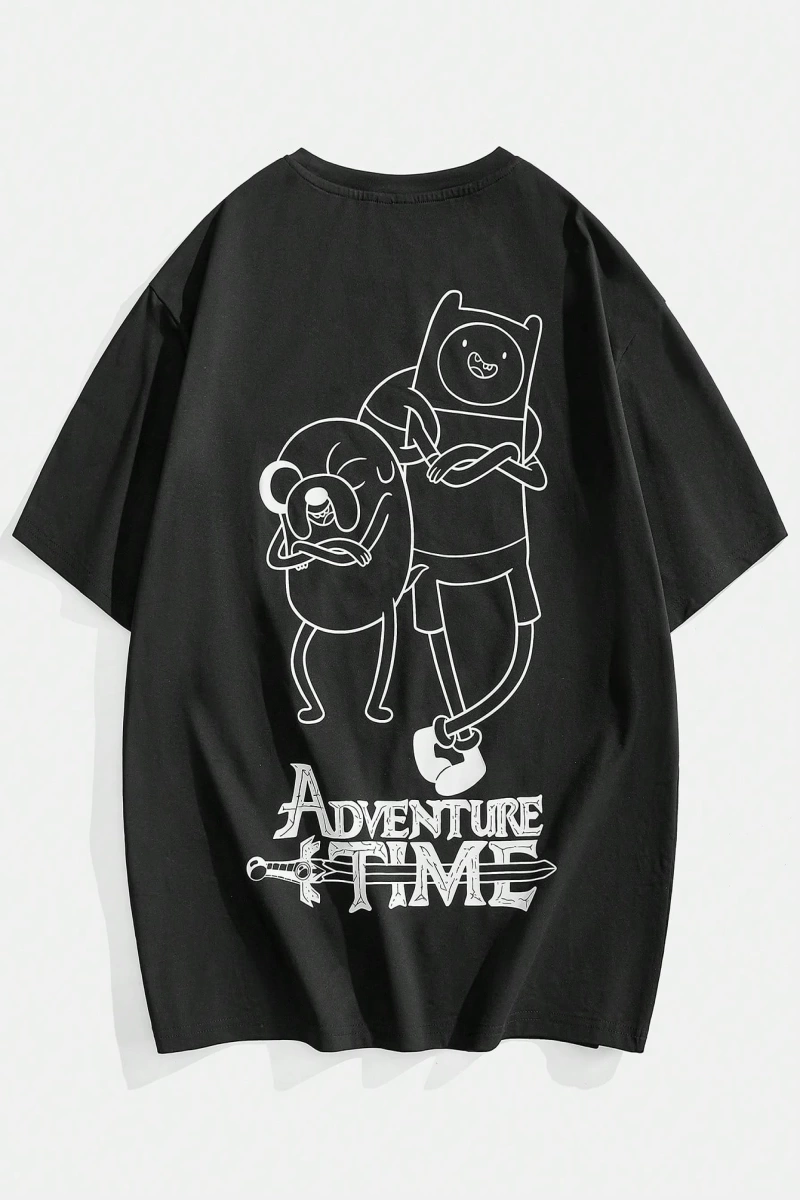ADVENTURE TIME X SHEIN Erkek Rahat Bol Örme Karakter Baskılı Siyah Kısa Kollu Tişört