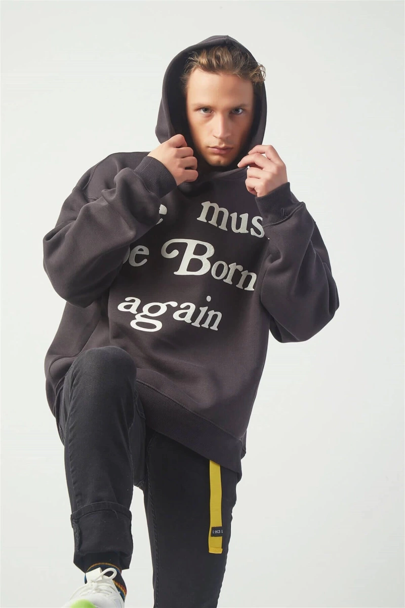 Again Oversıze Sweatshirt Hoodie Koyugrı