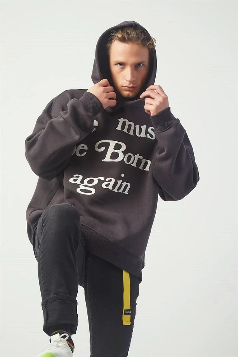 Again Oversıze Sweatshirt Hoodie Koyugrı Gri