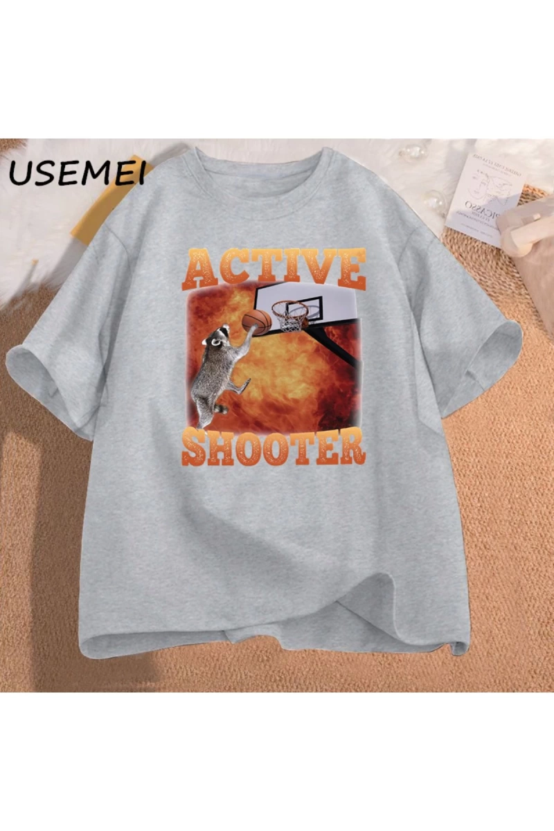 Aktif atıcı komik basketbol rakun Meme T Shirt pamuk kısa kollu grafik tişörtleri Unisex Stre