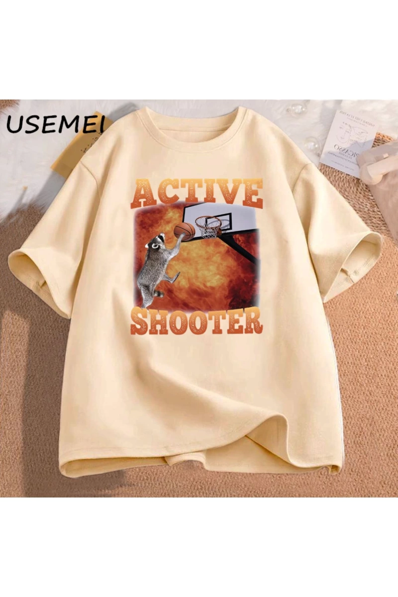 Aktif atıcı komik basketbol rakun Meme T Shirt pamuk kısa kollu grafik tişörtleri Unisex Stre