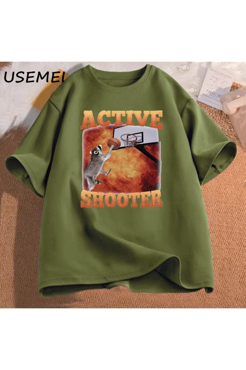 Aktif atıcı komik basketbol rakun Meme T Shirt pamuk kısa kollu grafik tişörtleri Unisex Stre