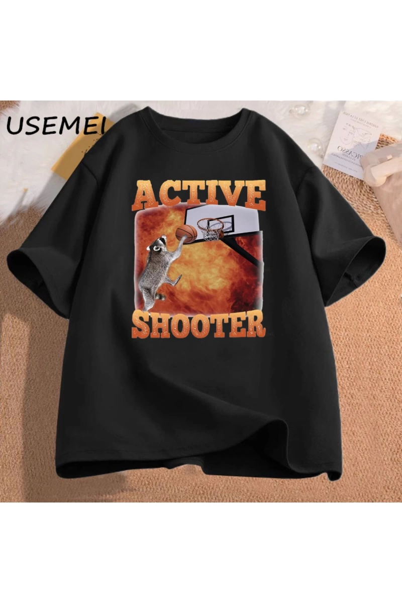 Aktif atıcı komik basketbol rakun Meme T Shirt pamuk kısa kollu grafik tişörtleri Unisex Stre